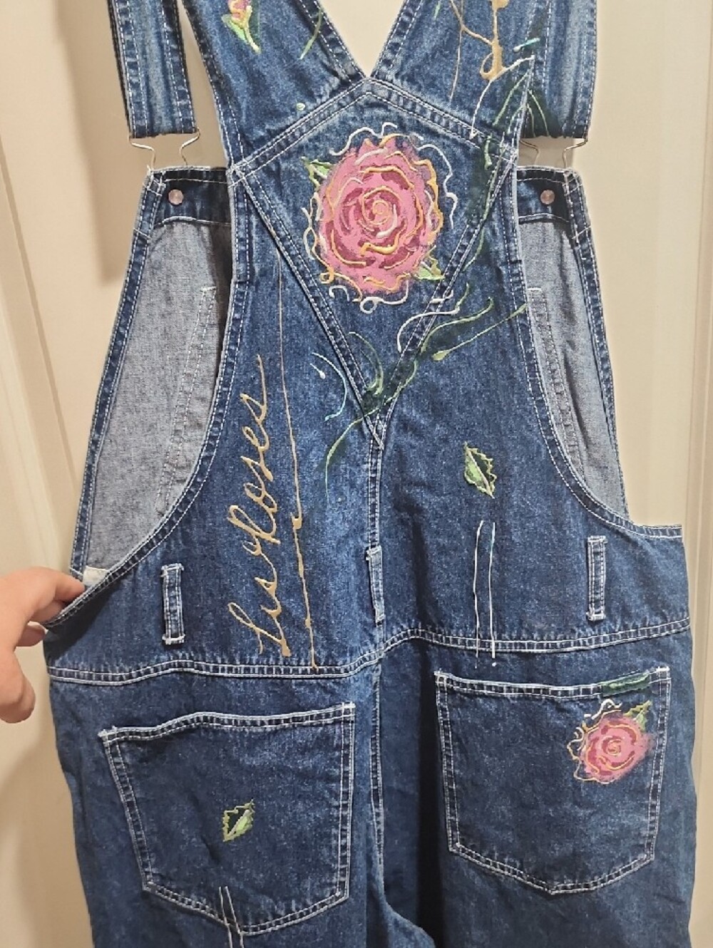 Vintage Revolt Denim Overalls – Hand Painted Floral Wide Leg Boho Y2K Size 16 - Picture 3 of 6